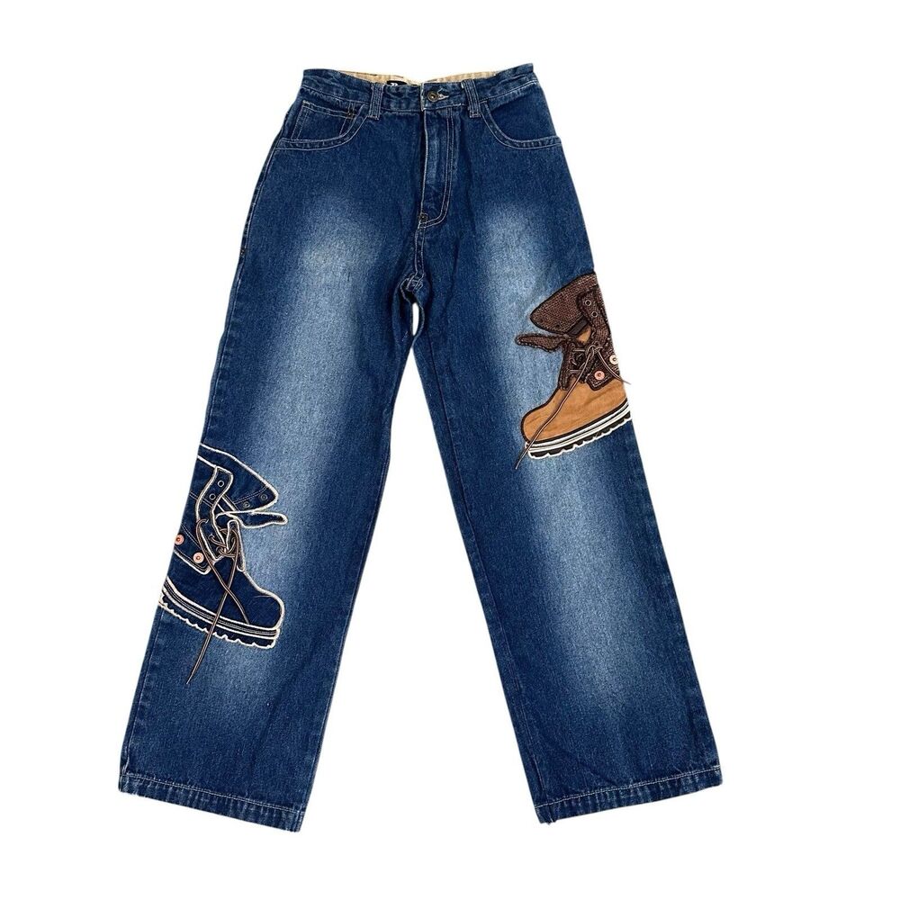 VTG Raw Blue Baggy Jeans Y2K Embroidered Boot Hip Hop Wide Leg Women’s 26 X 29